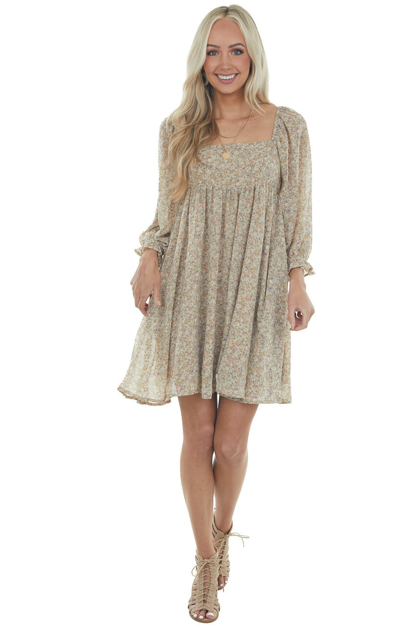 Khaki Ditsy Floral Square Neck Short Dress