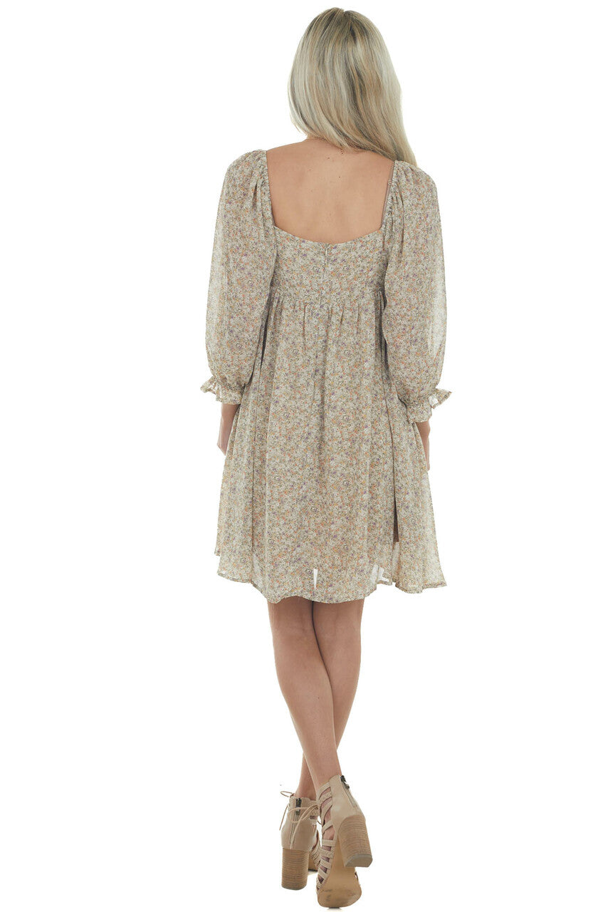 Khaki Ditsy Floral Square Neck Short Dress