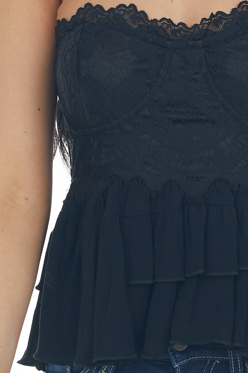Black Tiered Ruffle Strapless Lace Woven Top