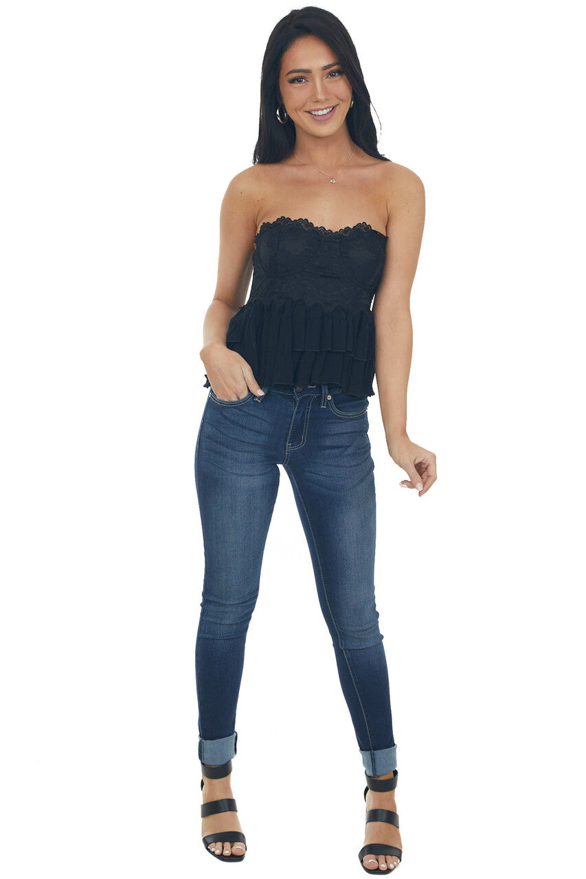 Black Tiered Ruffle Strapless Lace Woven Top