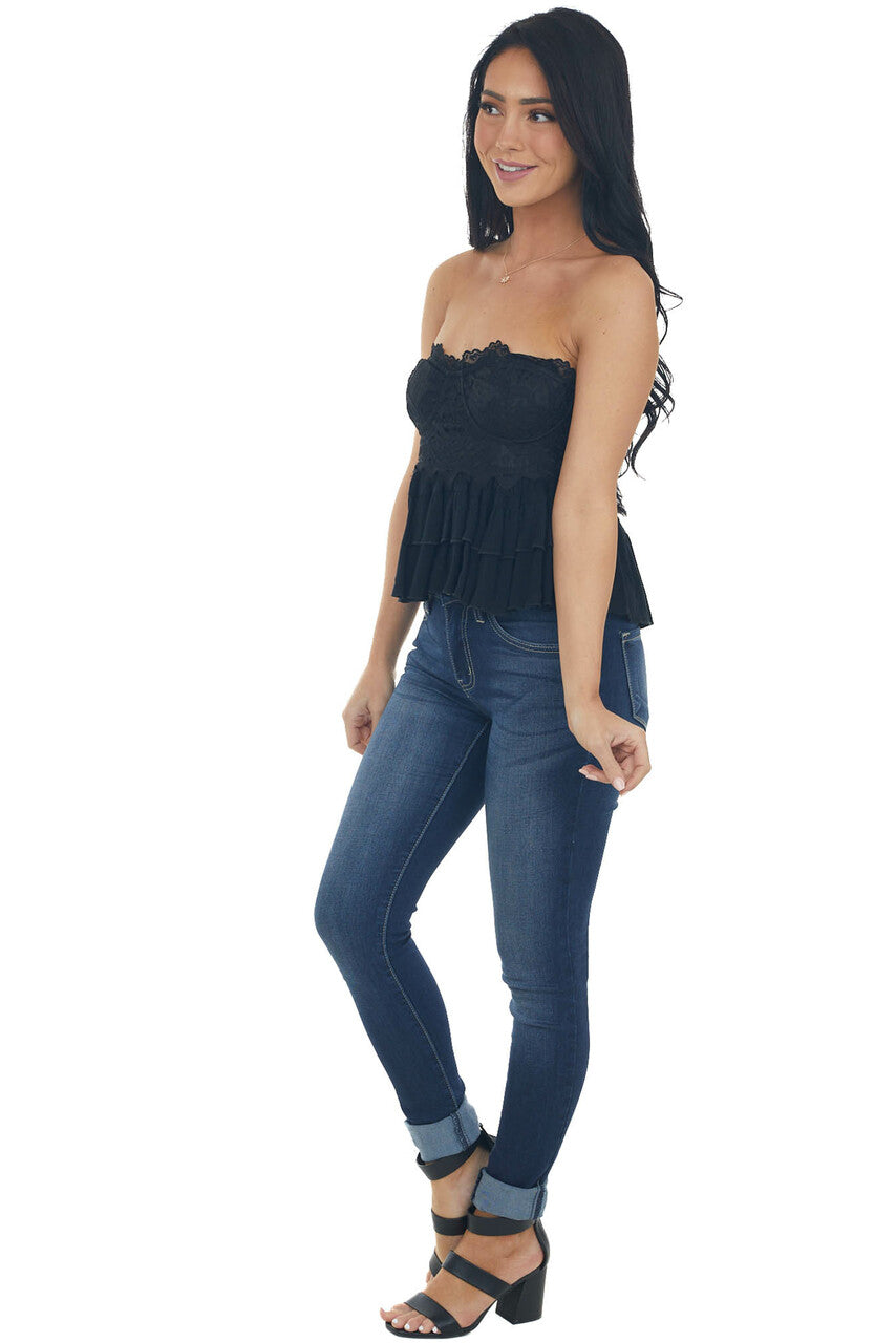 Black Tiered Ruffle Strapless Lace Woven Top