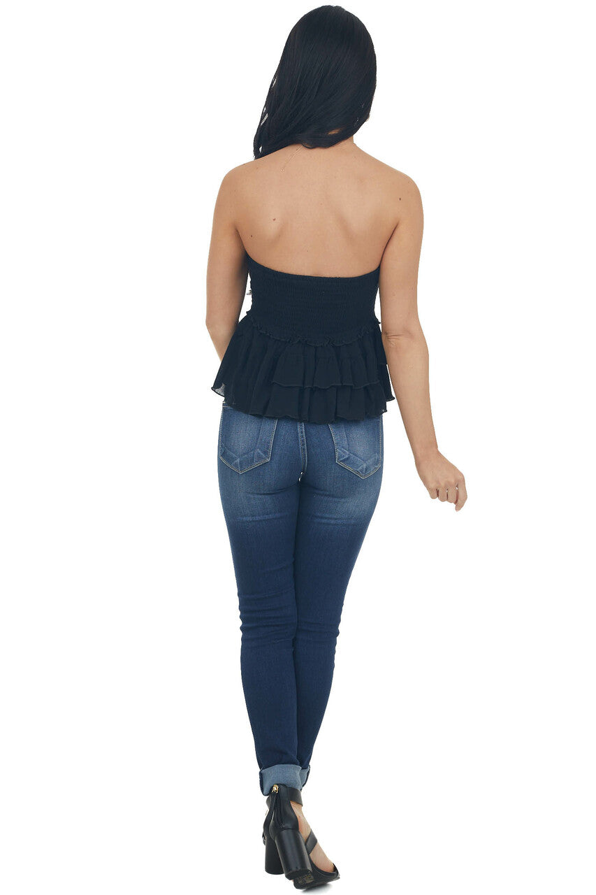Black Tiered Ruffle Strapless Lace Woven Top