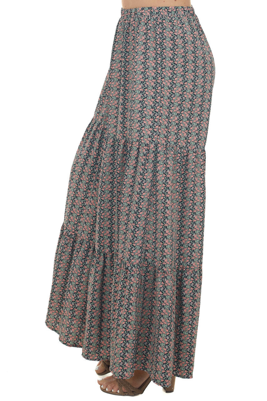 Black Ditsy Floral Tiered Woven Wide Leg Pants