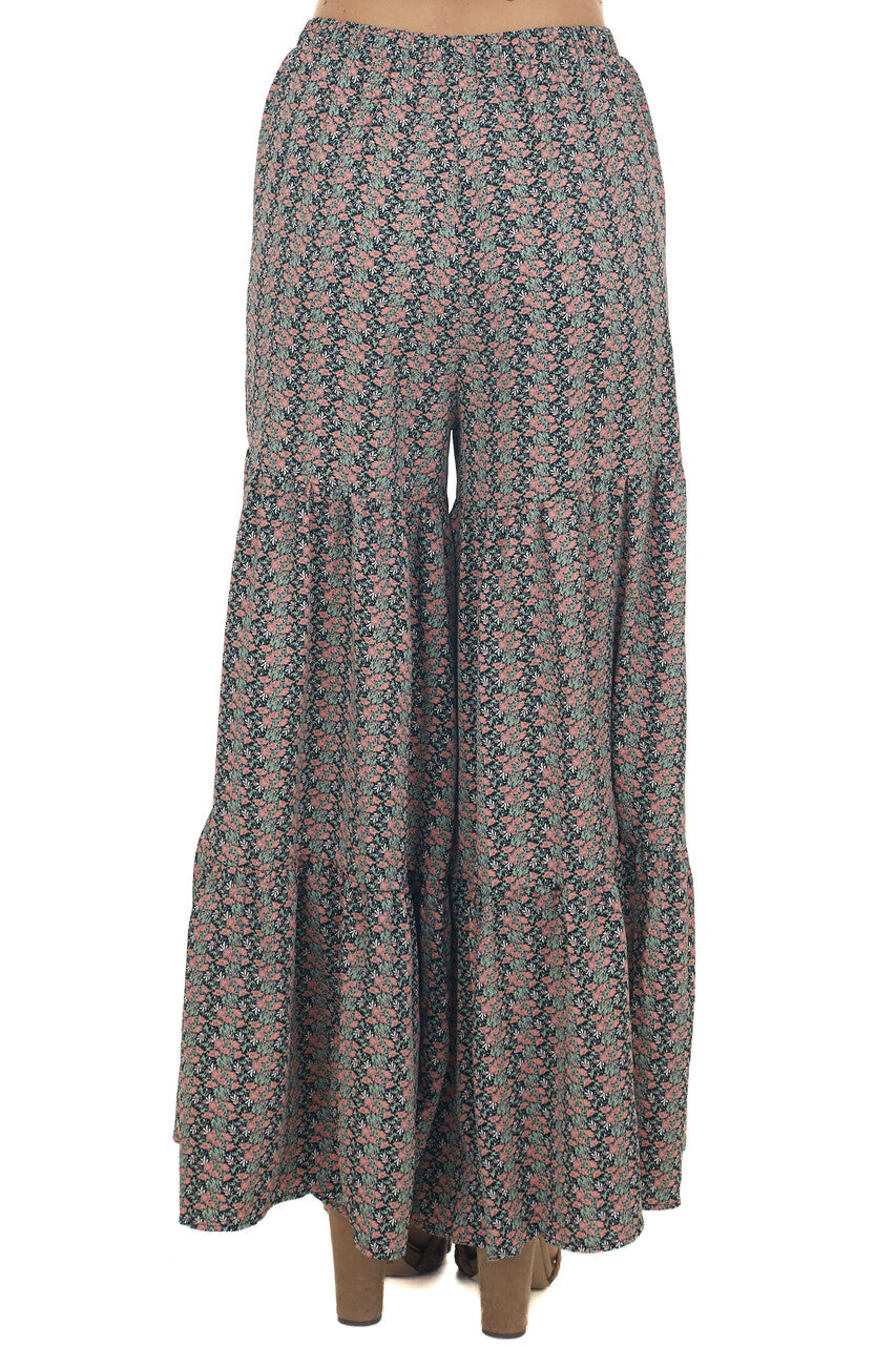 Black Ditsy Floral Tiered Woven Wide Leg Pants