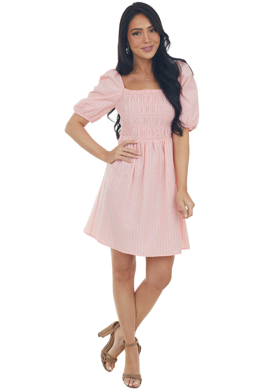 Light Coral Smocked Puff Sleeve Short Dress