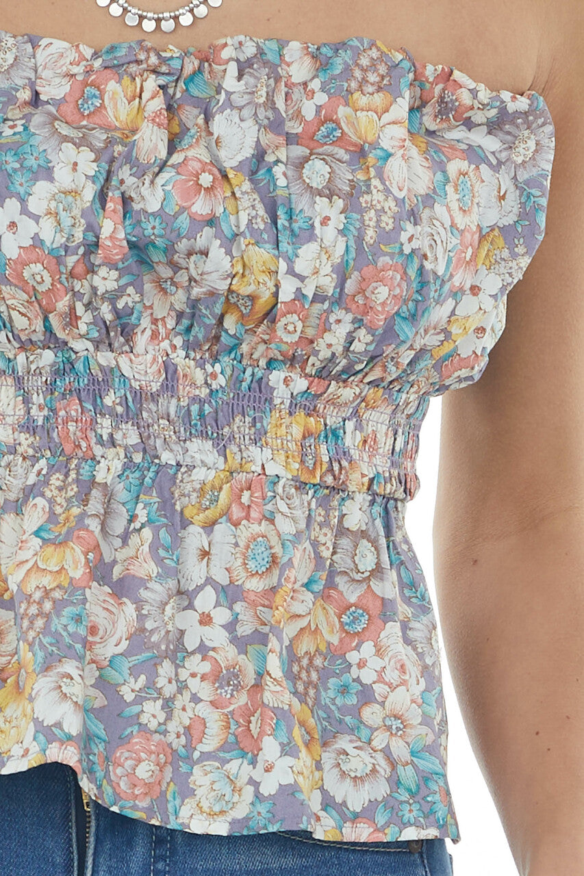 Lavender Floral Print Ruffled Strapless Top