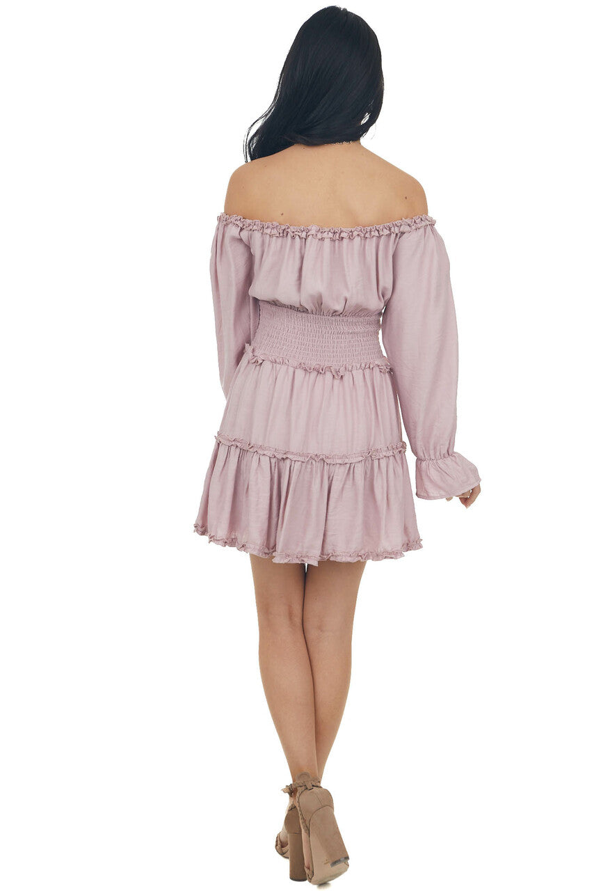 Pale Mauve Off Shoulder Tiered Ruffle Dress