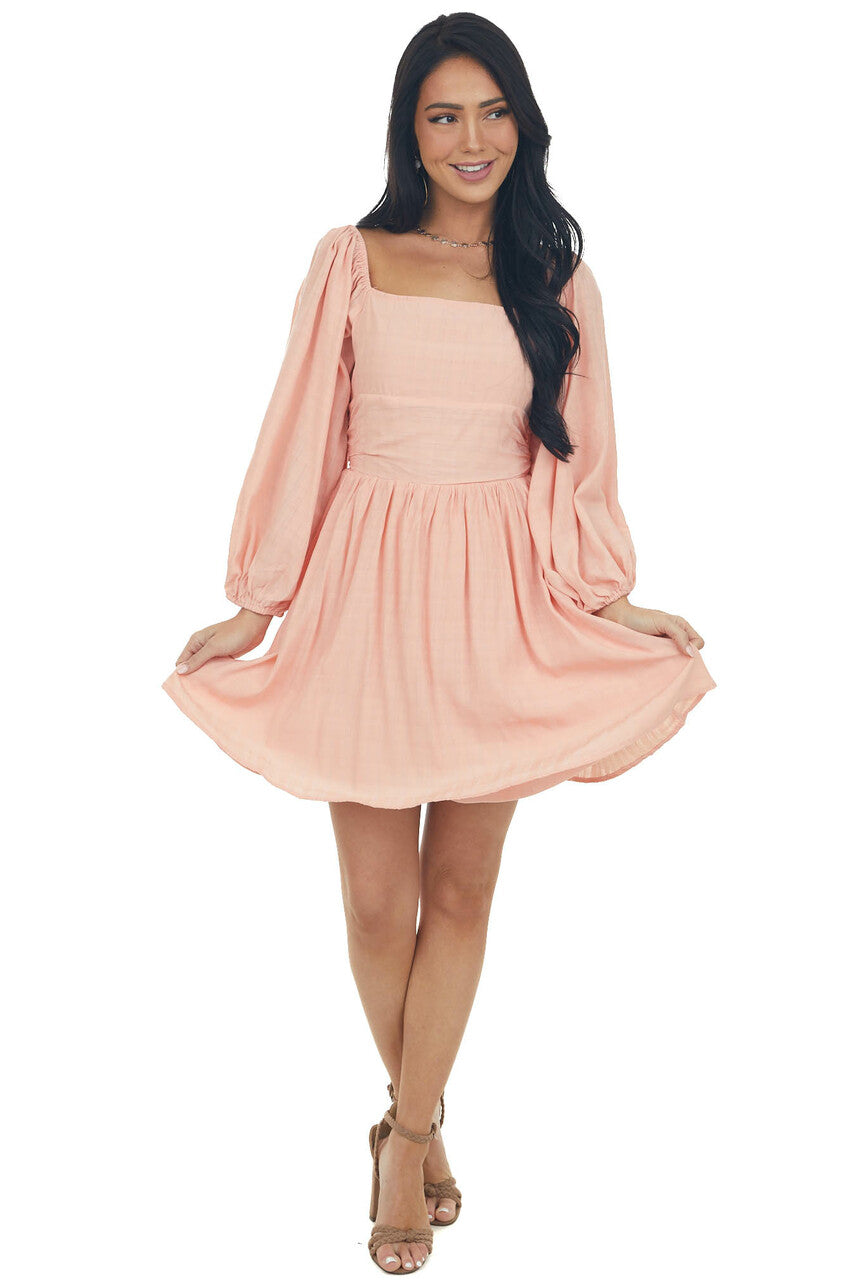 Coral Puff Sleeve Open Back Linen Short Dress