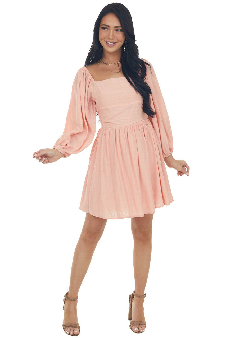 Coral Puff Sleeve Open Back Linen Short Dress