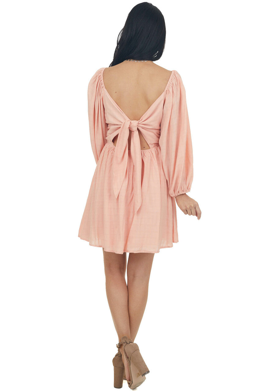 Coral Puff Sleeve Open Back Linen Short Dress