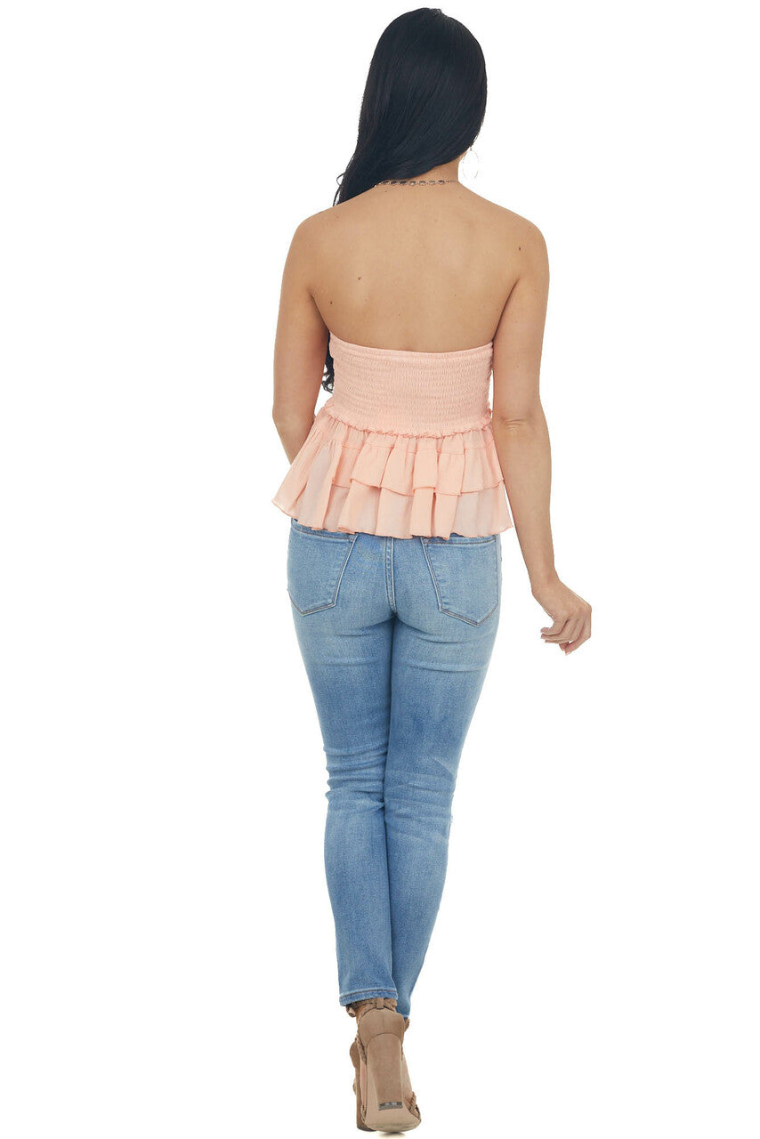 Light Coral Tiered Ruffle Strapless Lace Woven Top