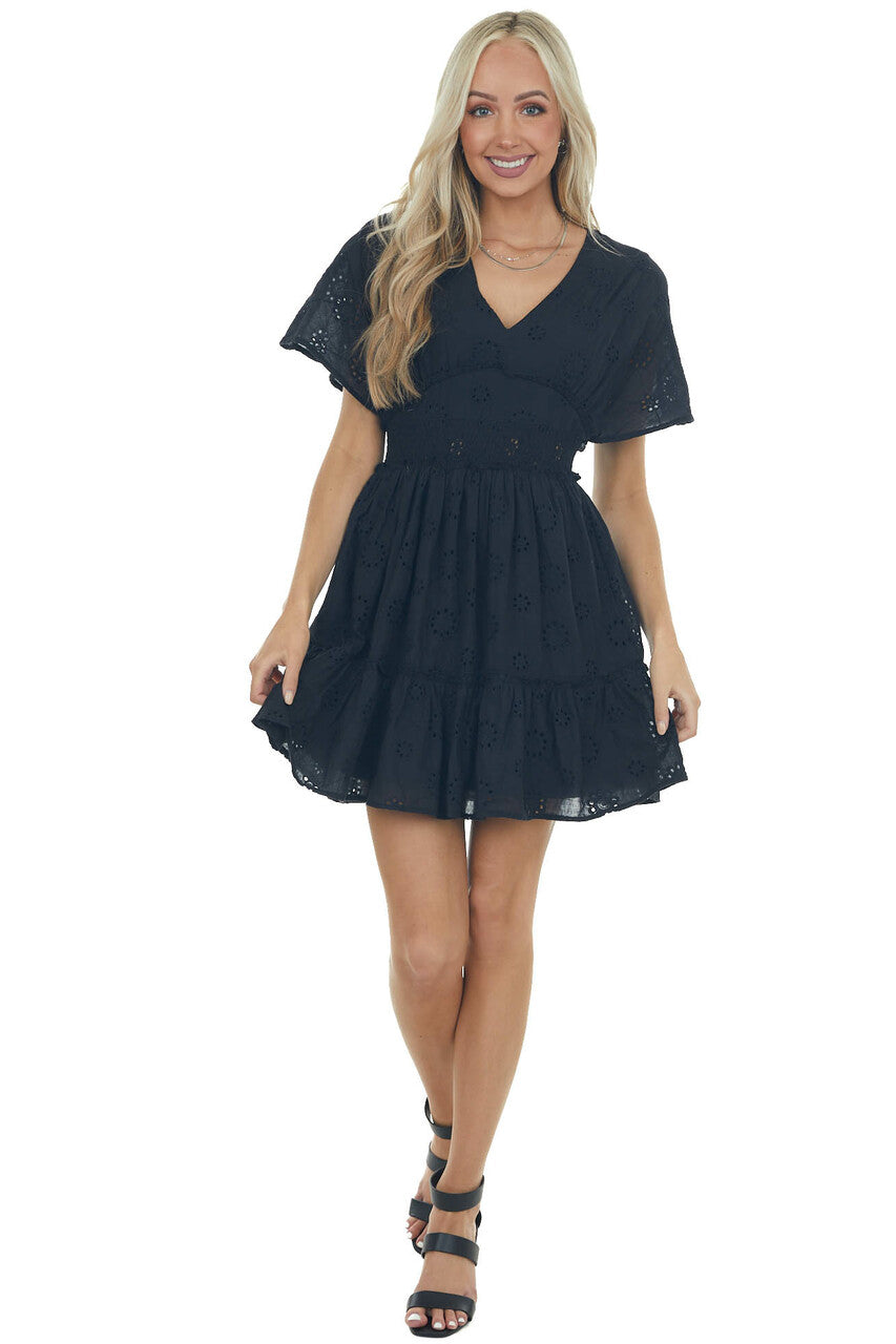 Black Eyelet Lace Smocked Waist Mini Dress