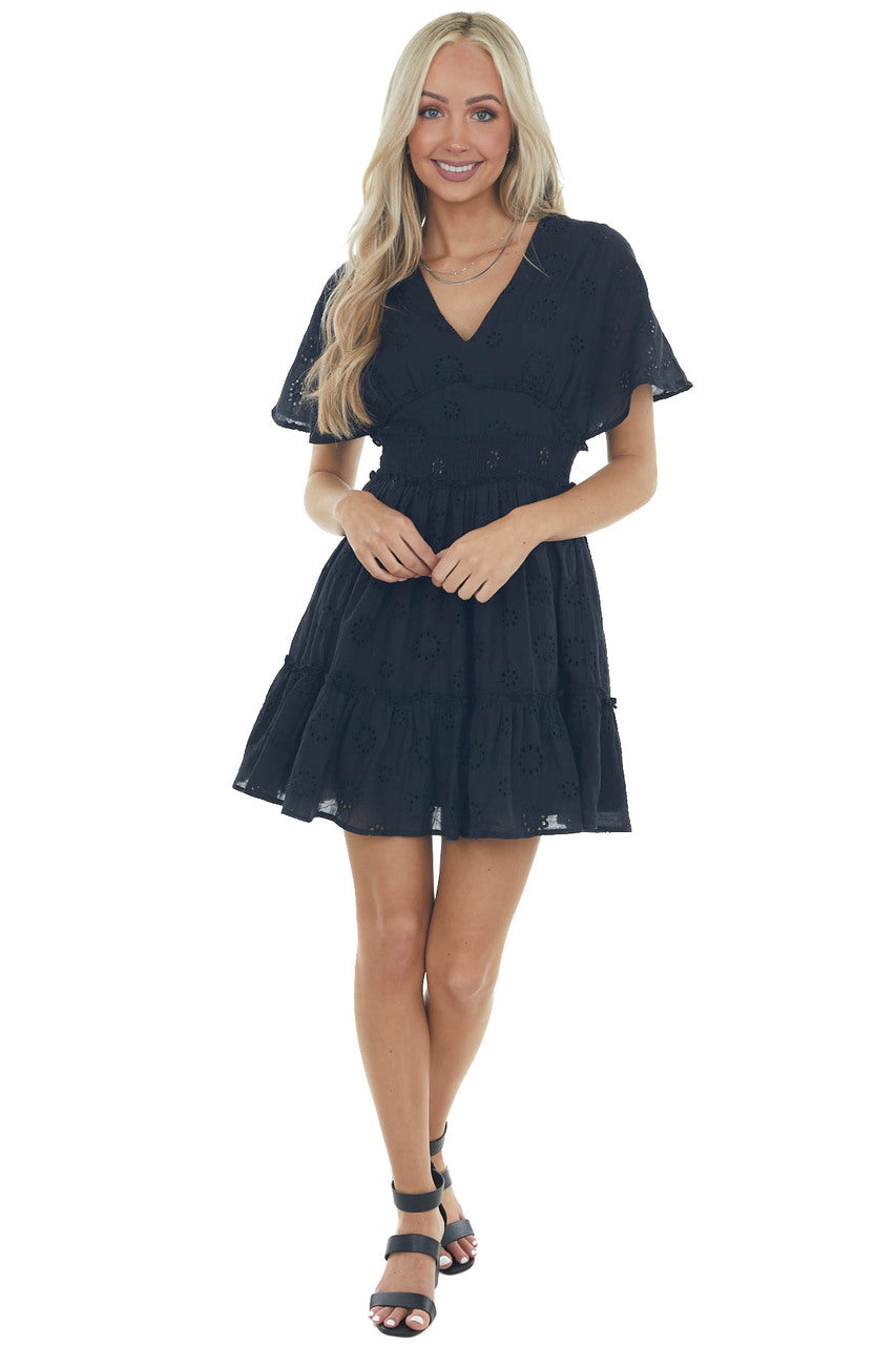 Black Eyelet Lace Smocked Waist Mini Dress