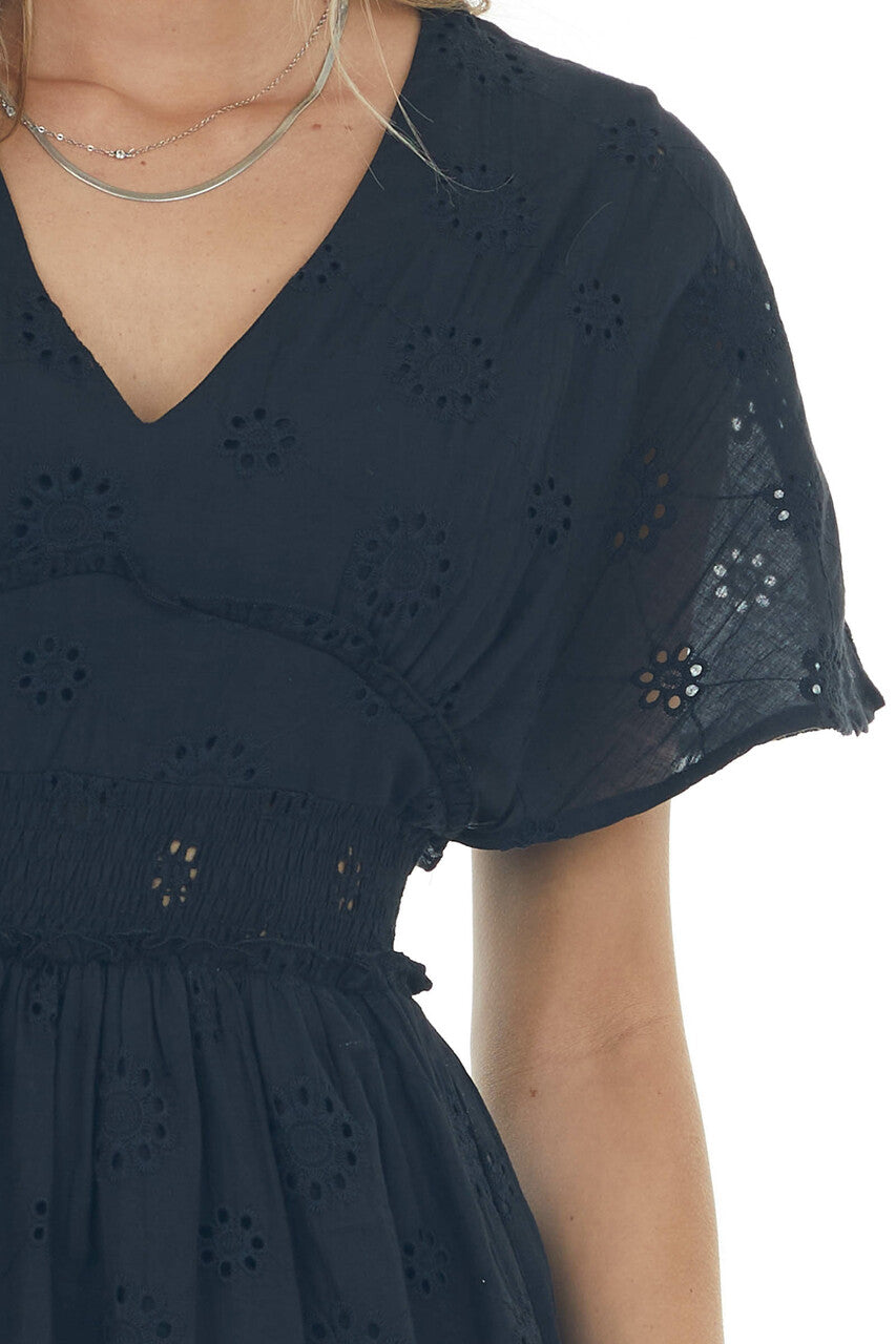 Black Eyelet Lace Smocked Waist Mini Dress