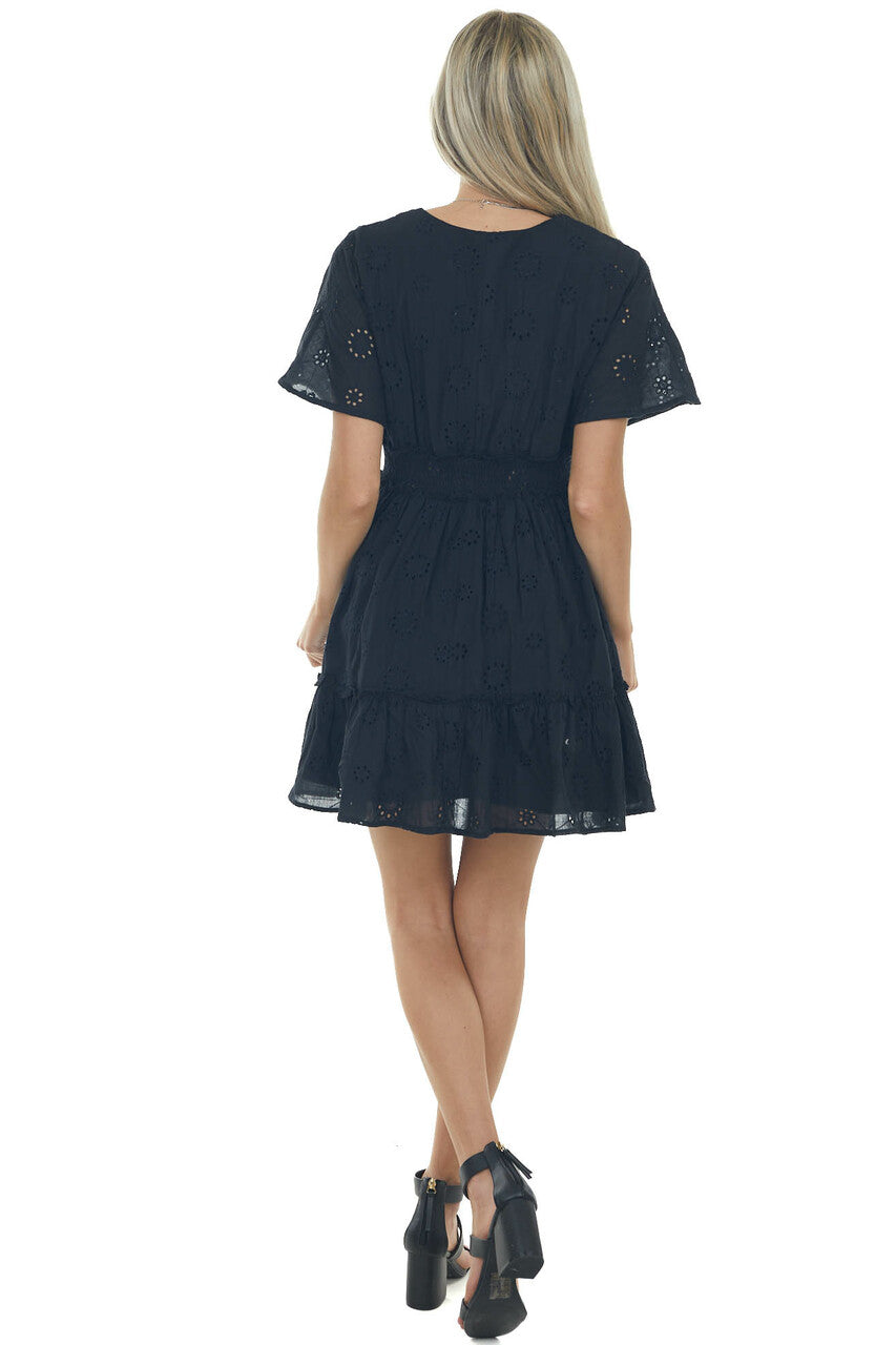 Black Eyelet Lace Smocked Waist Mini Dress