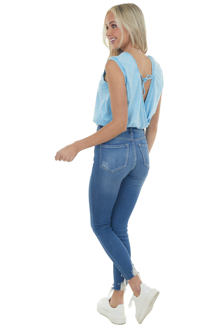 Sky Acid Wash Surplice Back Banded Bodysuit