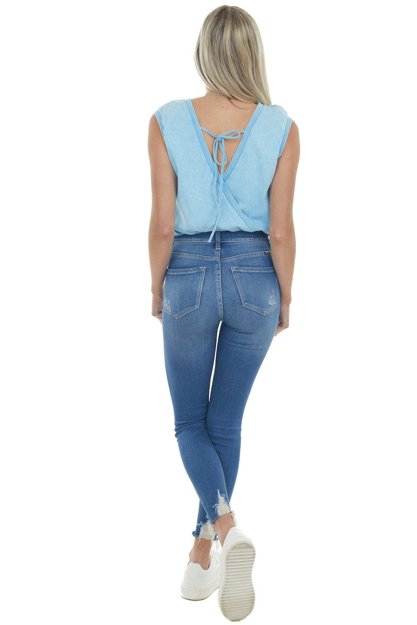 Sky Acid Wash Surplice Back Banded Bodysuit