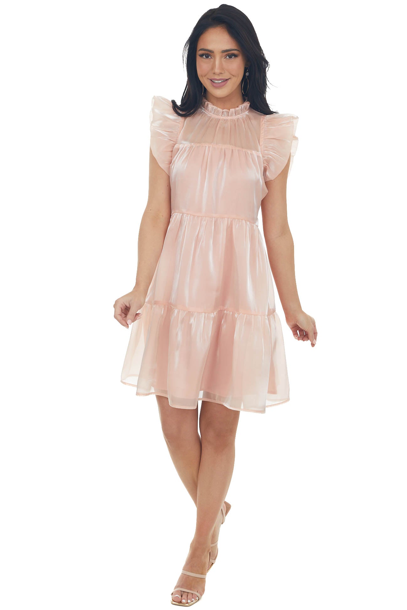 Peach Glossy Short Dress with Flutter Sleeves