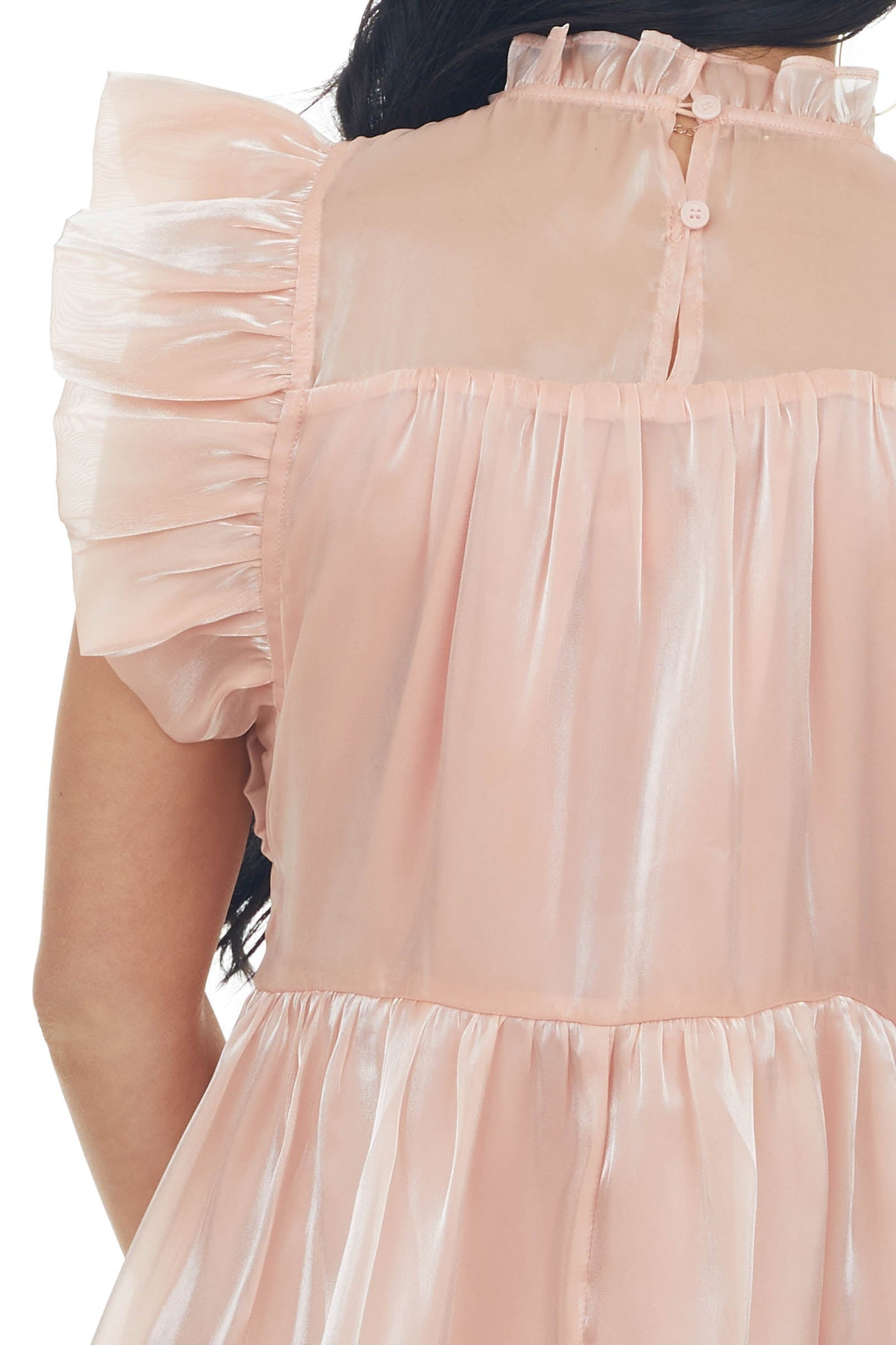Peach Glossy Short Dress with Flutter Sleeves