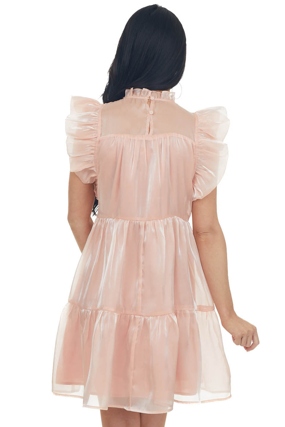 Peach Glossy Short Dress with Flutter Sleeves