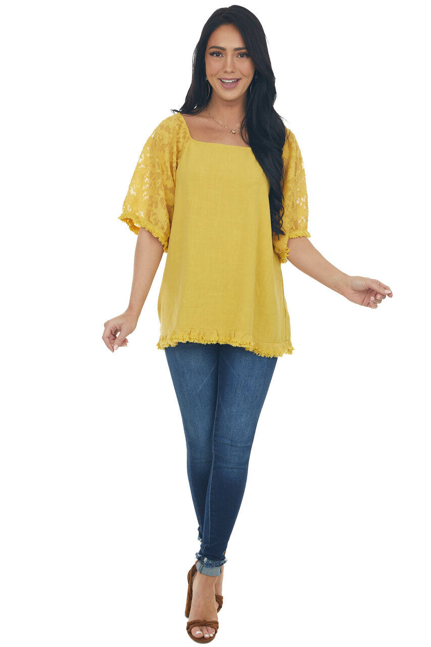Mustard Floral Textured Mesh Sleeve Blouse