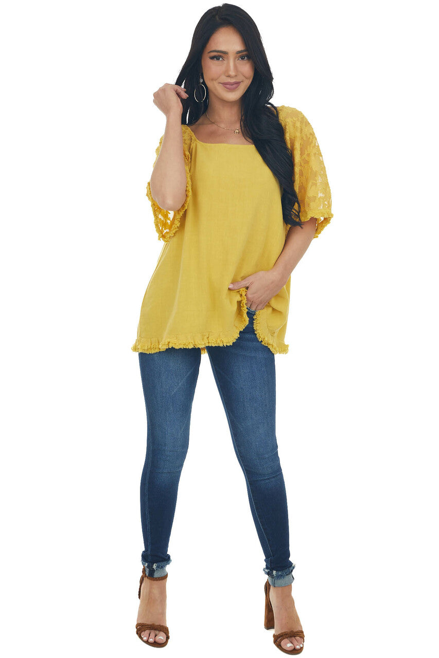 Mustard Floral Textured Mesh Sleeve Blouse