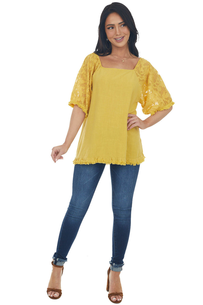 Mustard Floral Textured Mesh Sleeve Blouse
