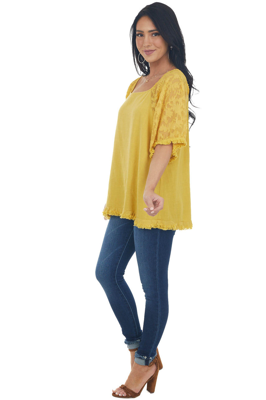 Mustard Floral Textured Mesh Sleeve Blouse