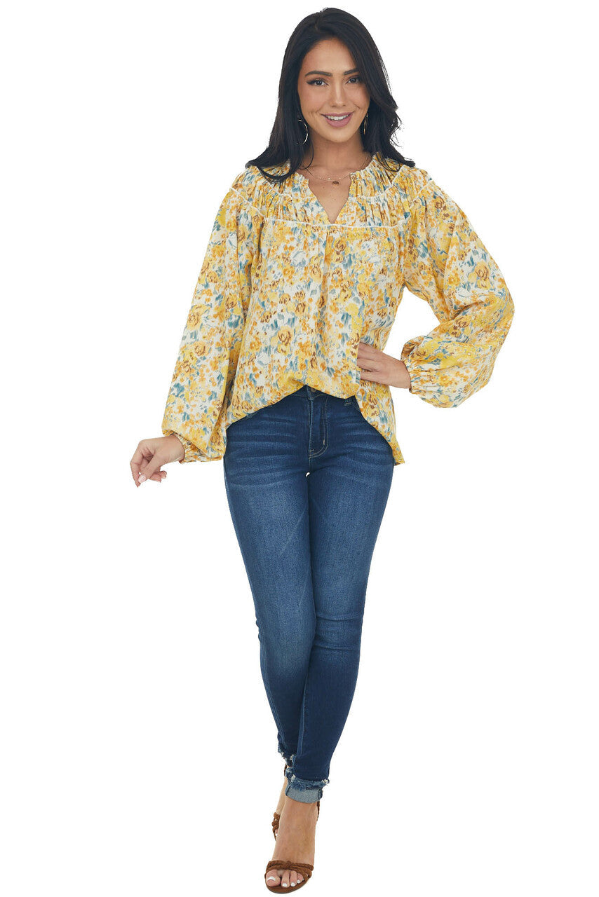 Amber Floral Print Bubble Sleeve Blouse