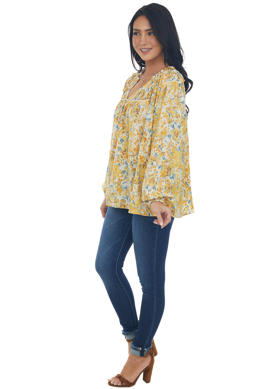 Amber Floral Print Bubble Sleeve Blouse