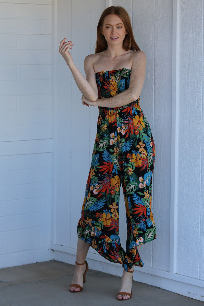 Black Tropical Print Strapless Smocked Jumpsuit
