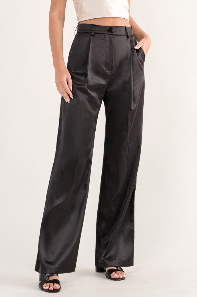 Black High Waisted Wide Leg Satin Pants
