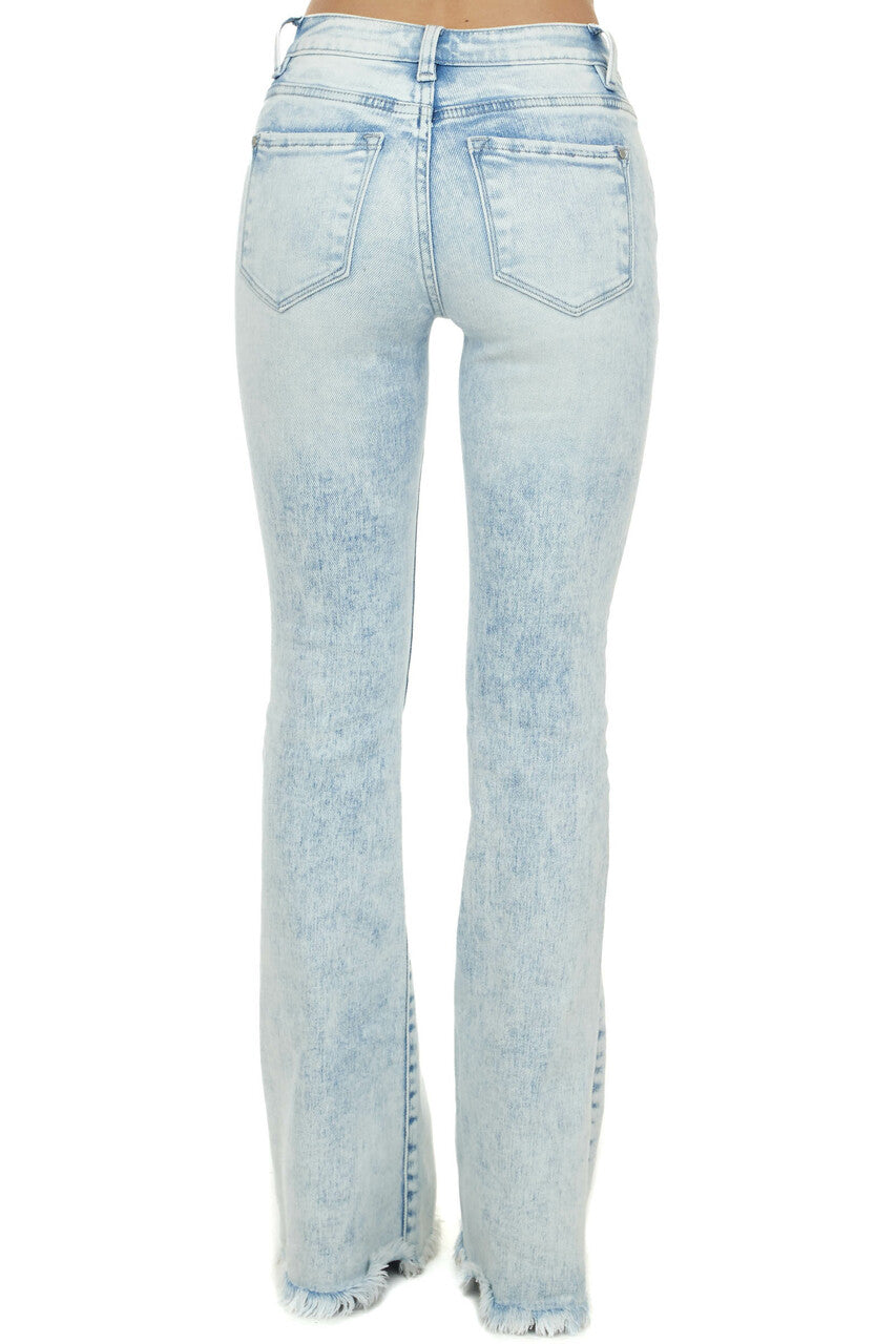 Acid Wash Mid Rise Frayed Hem Distressed Bell Bottom Jeans 