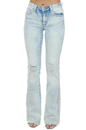 Acid Wash Mid Rise Frayed Hem Distressed Bell Bottom Jeans 