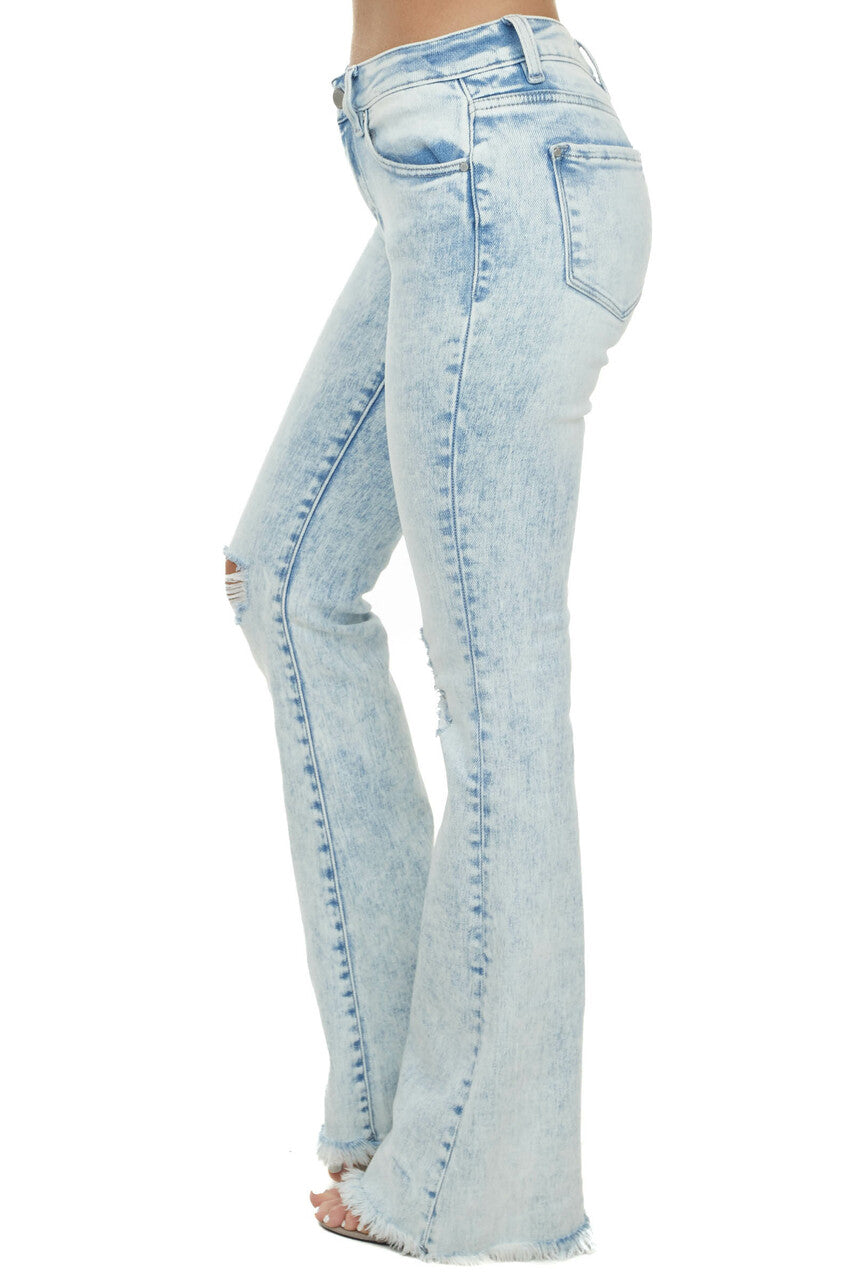 Acid Wash Mid Rise Frayed Hem Distressed Bell Bottom Jeans 