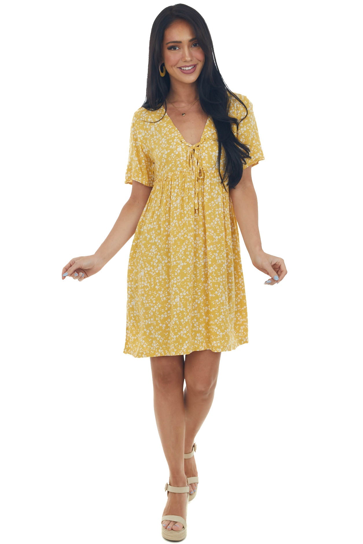 Amber Ditsy Floral V Neck Babydoll Short Dress