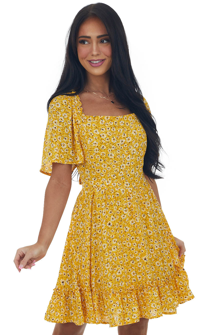 Amber Floral Open Back Bell Sleeve Short Dress