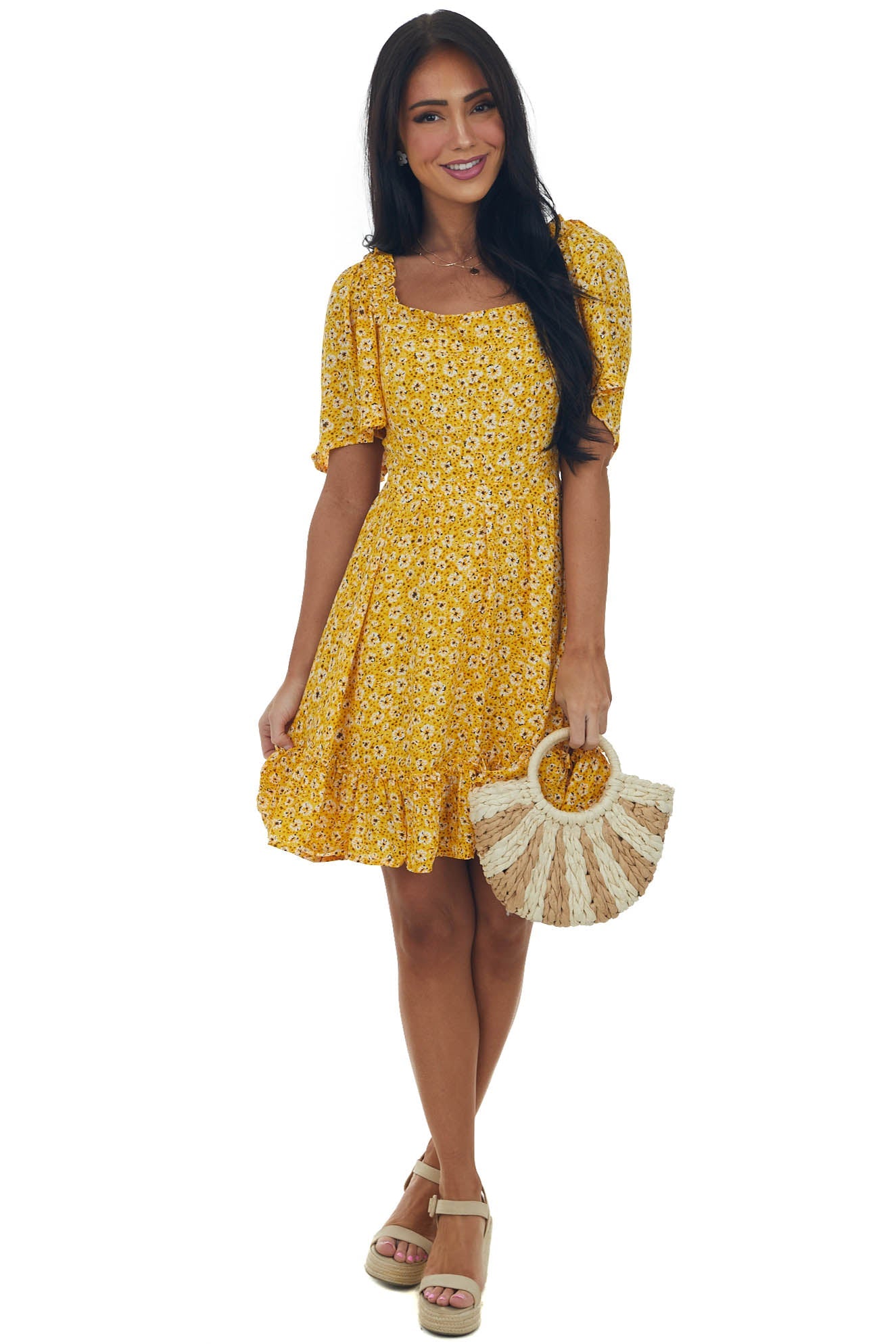 Amber Floral Open Back Bell Sleeve Short Dress