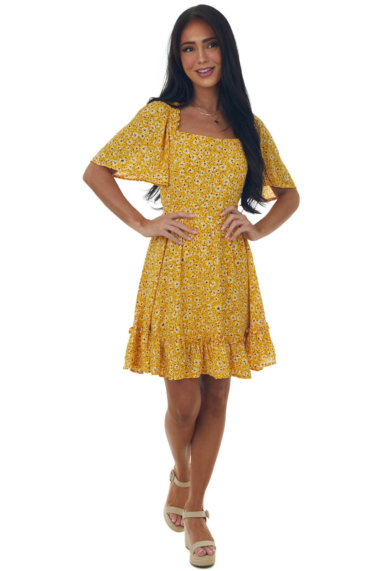 Amber Floral Open Back Bell Sleeve Short Dress