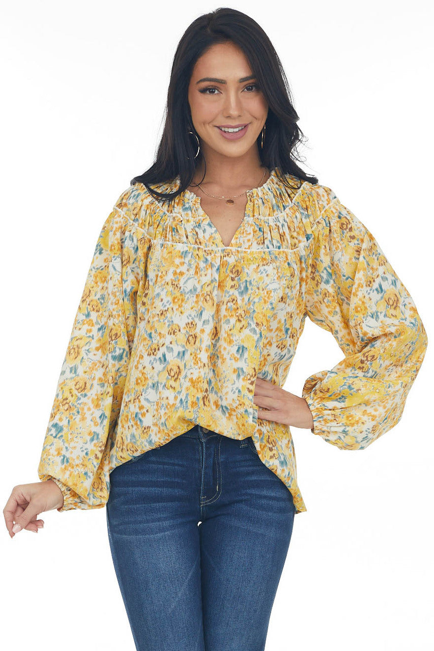 Amber Floral Print Bubble Sleeve Blouse