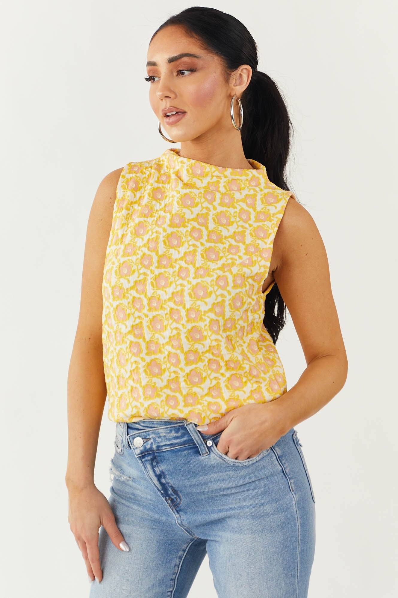 Amber Floral Print Mock Neck Knit Tank Top