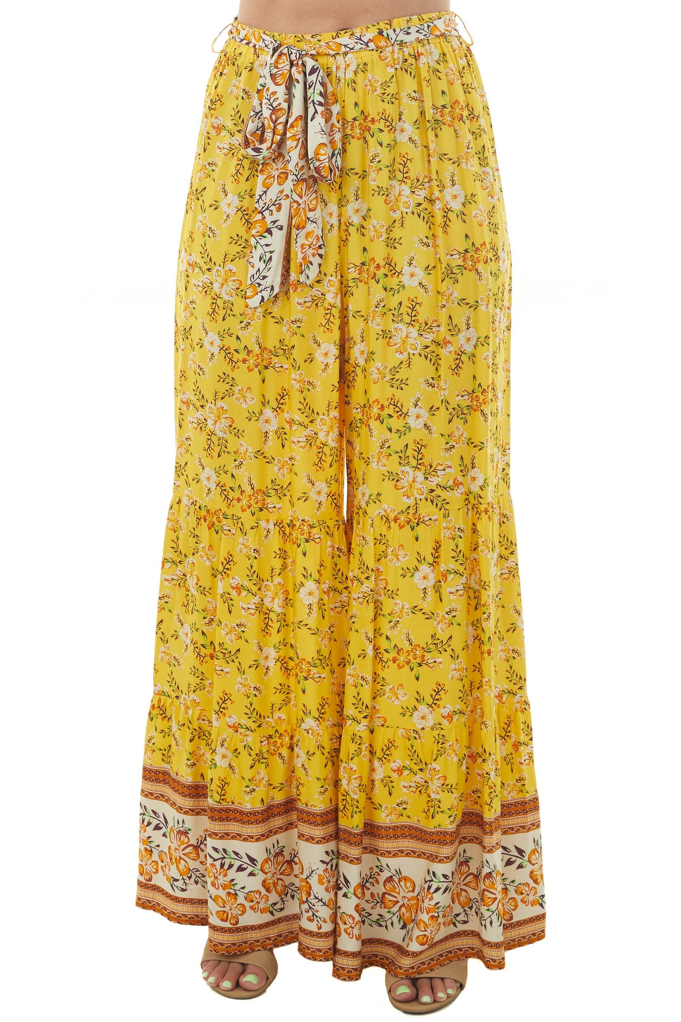 Amber Floral Print Wide Leg Waist Tie Pants