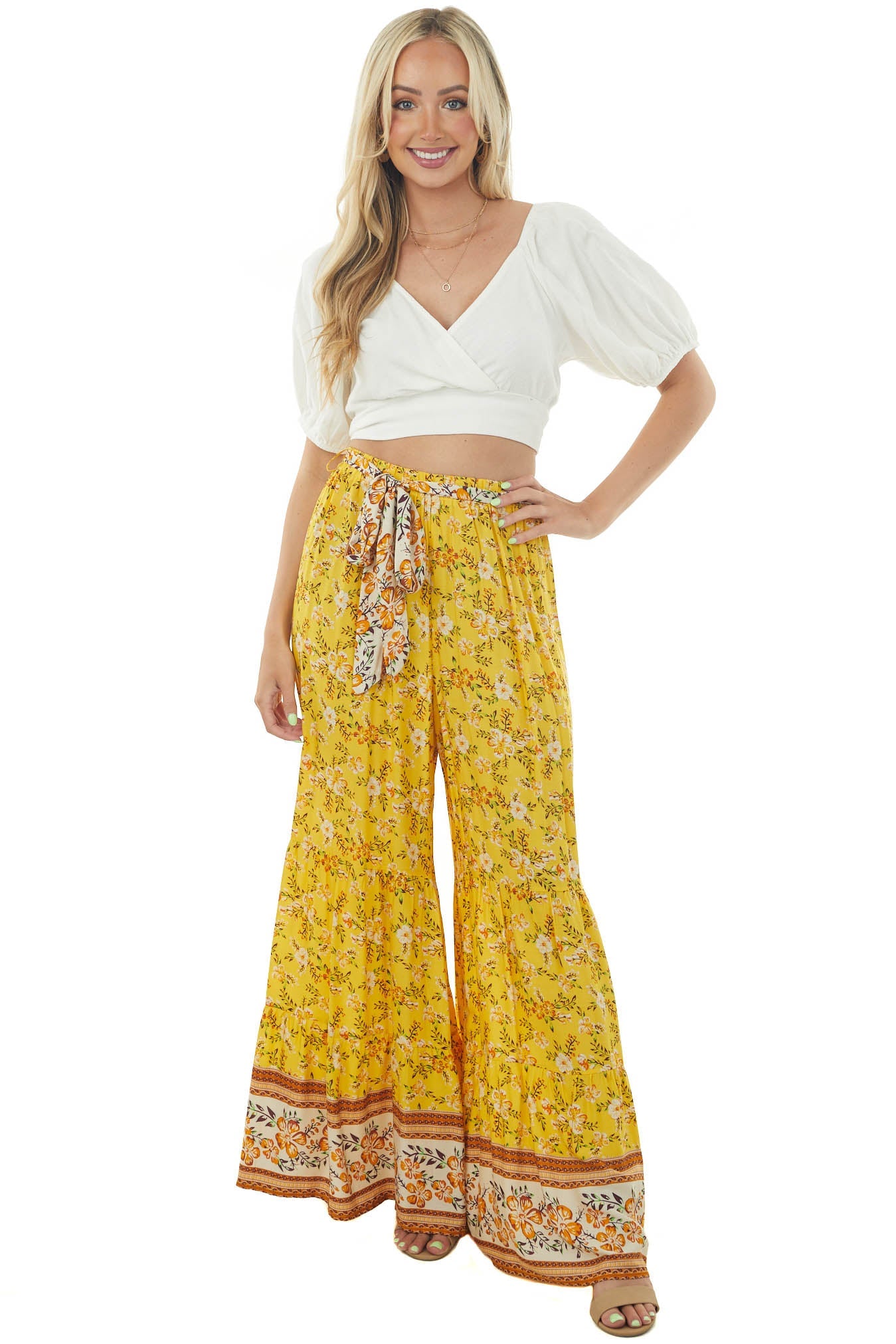 Amber Floral Print Wide Leg Waist Tie Pants
