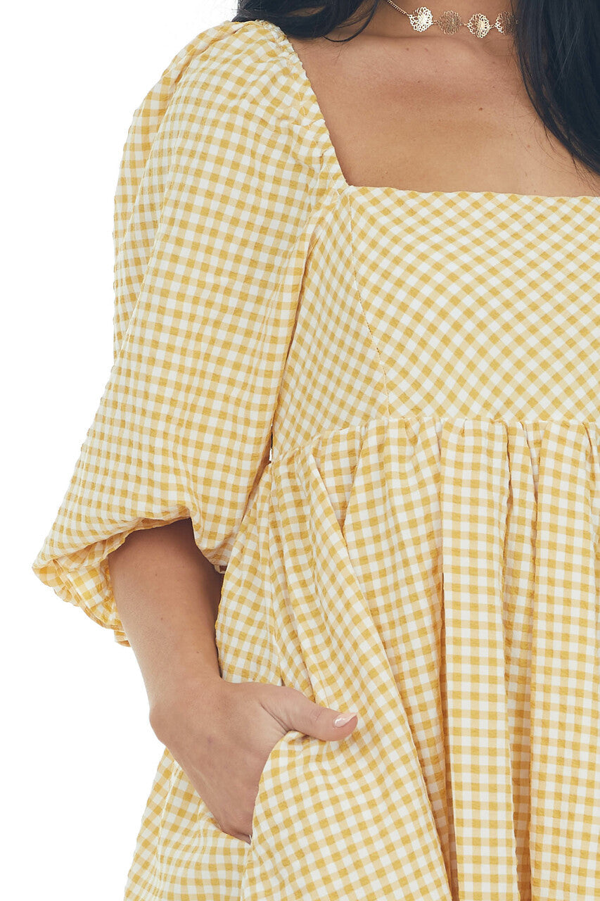Amber Gingham Babydoll Square Neck Mini Dress