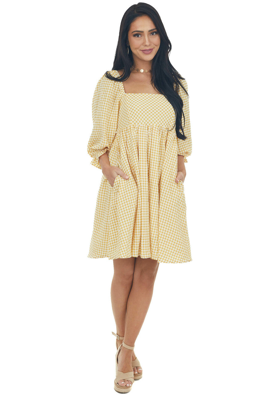 Amber Gingham Babydoll Square Neck Mini Dress