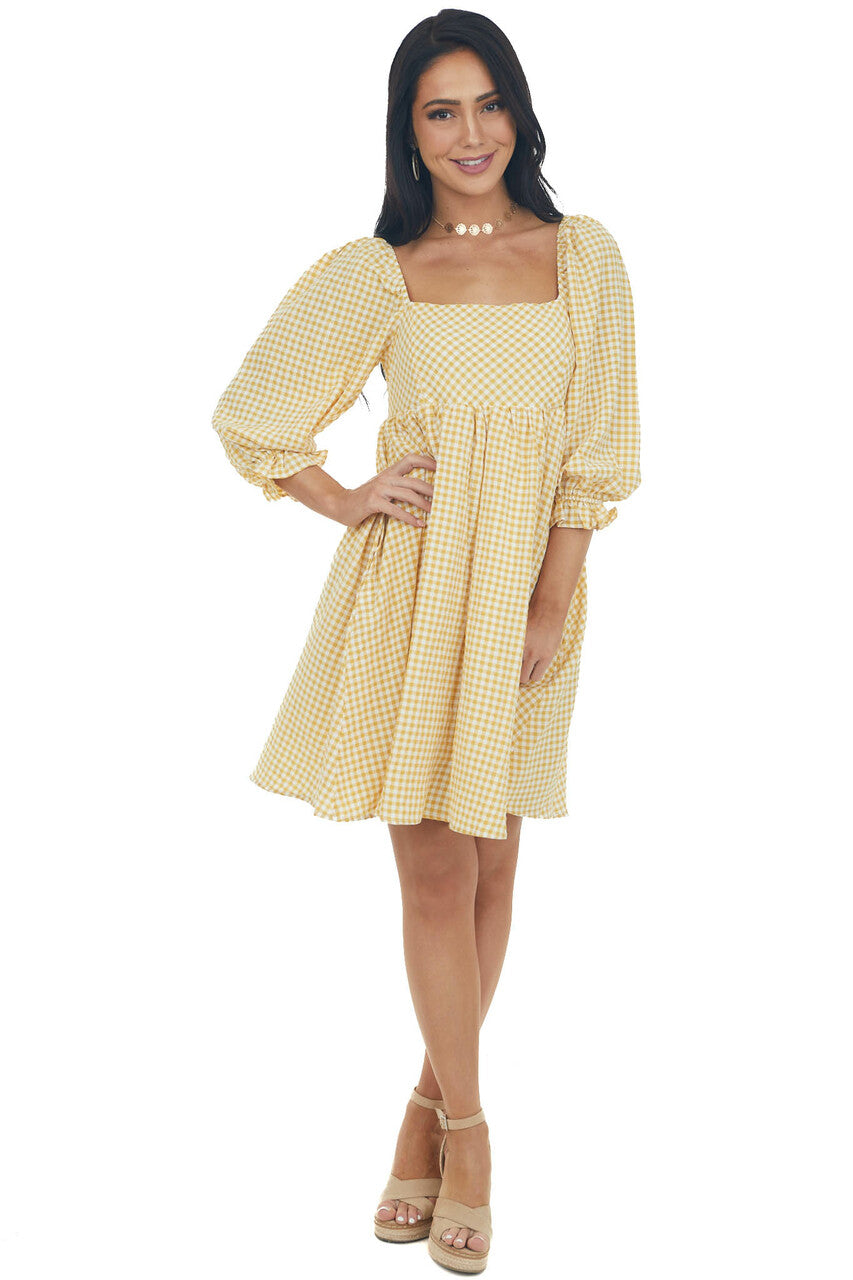 Amber Gingham Babydoll Square Neck Mini Dress