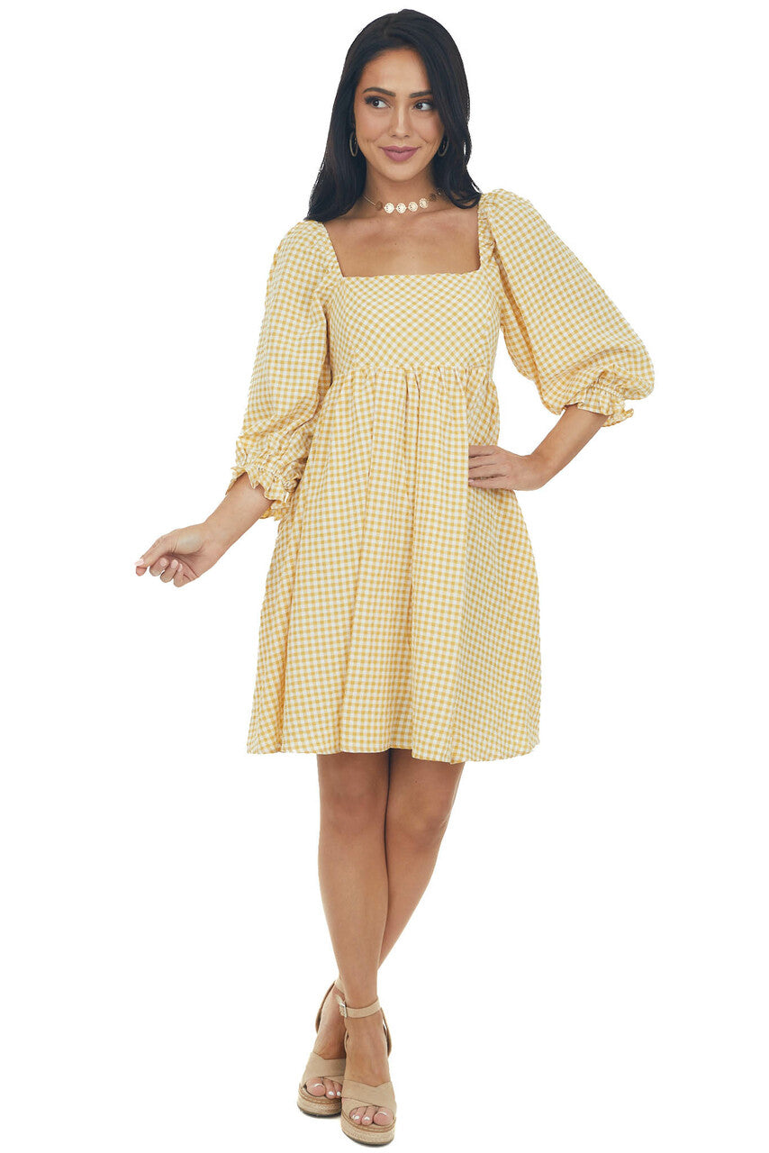 Amber Gingham Babydoll Square Neck Mini Dress