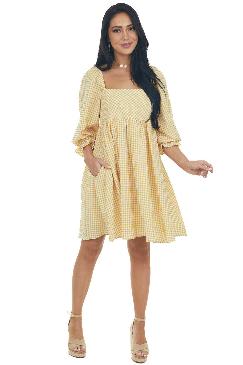 Amber Gingham Babydoll Square Neck Mini Dress