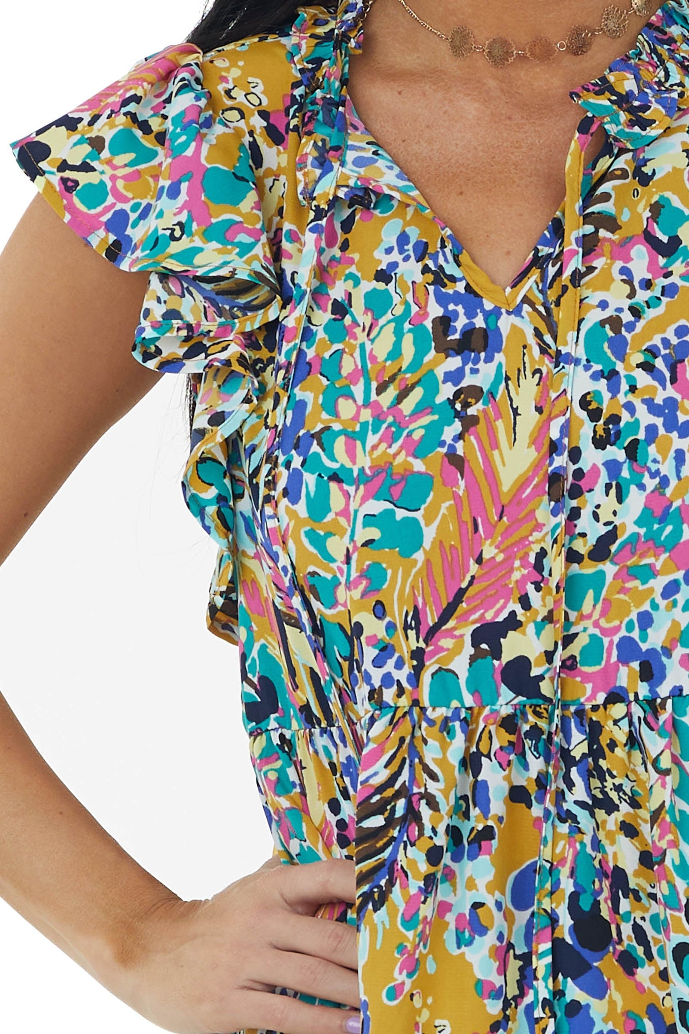 Amber Printed Short Ruffle Sleeve Babydoll Top