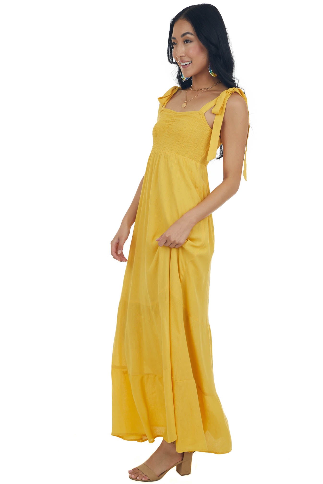 Amber Tie Strap Smocked Ruched Maxi Dress